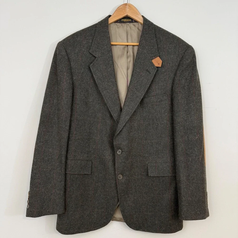 VTG Evan Picone Wool Tweed Herringbone Plaid Blazer Leather Elbow Patches 43L